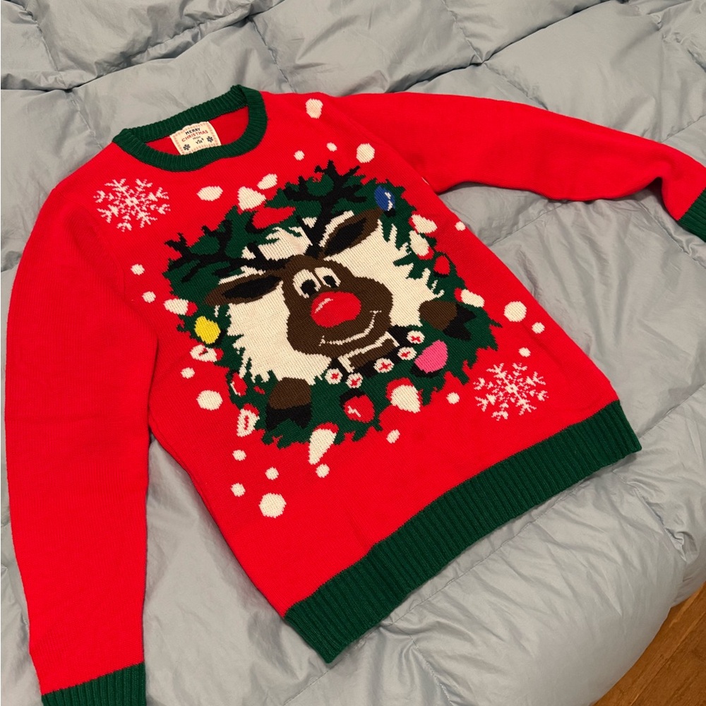 Festive Red Reindeer Crewneck Ugly Sweater